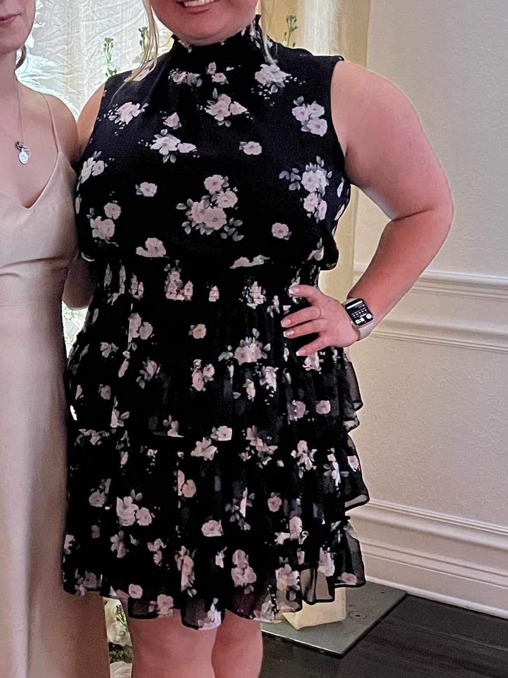 Express Black Floral Tiered High-Neck Midi Dress